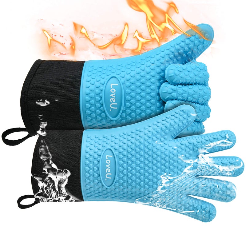 Loveuing Kitchen Oven Gloves - Silicone and Cotton Double-Layer Heat Resistant Oven Mitts/BBQ Gloves/Grill Gloves - Perfect for Baking and Grilling (XL-XXXL, Blue) - Image 1